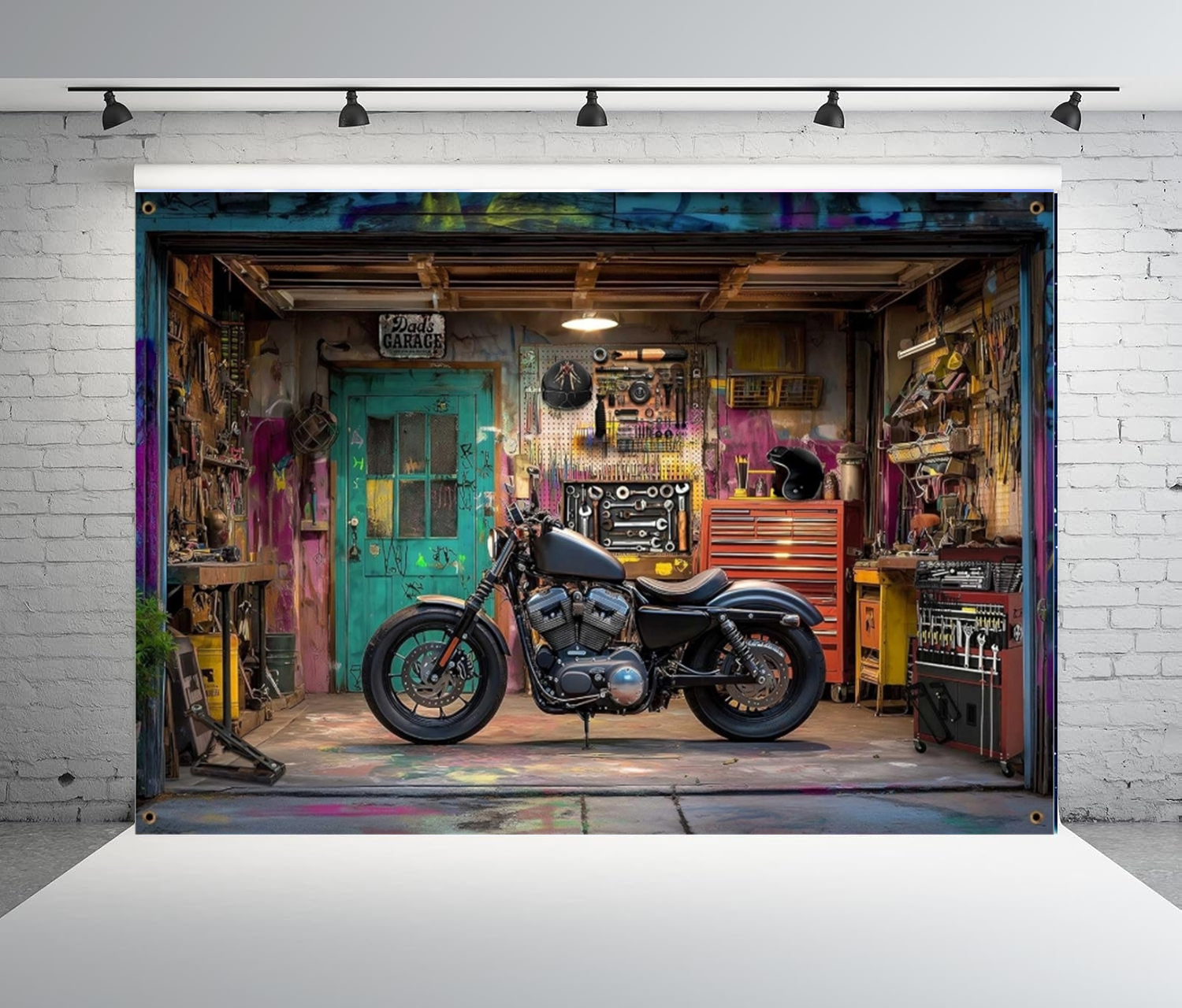 Workshop Tools Background - Vintage Motorcycle Garage Photography Backdrop Graffiti