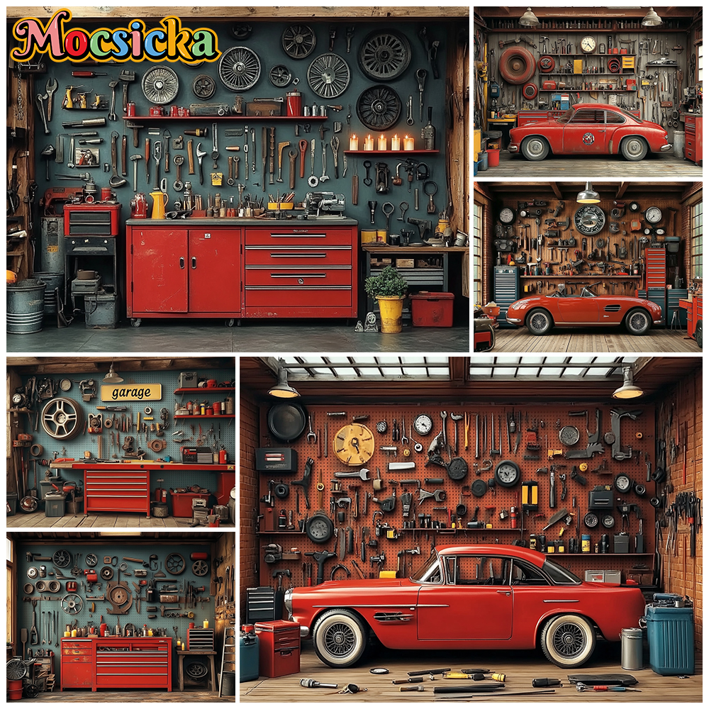 Mocsicka Red Classic Car Garag - Workshop Tools Background のレビューと価格