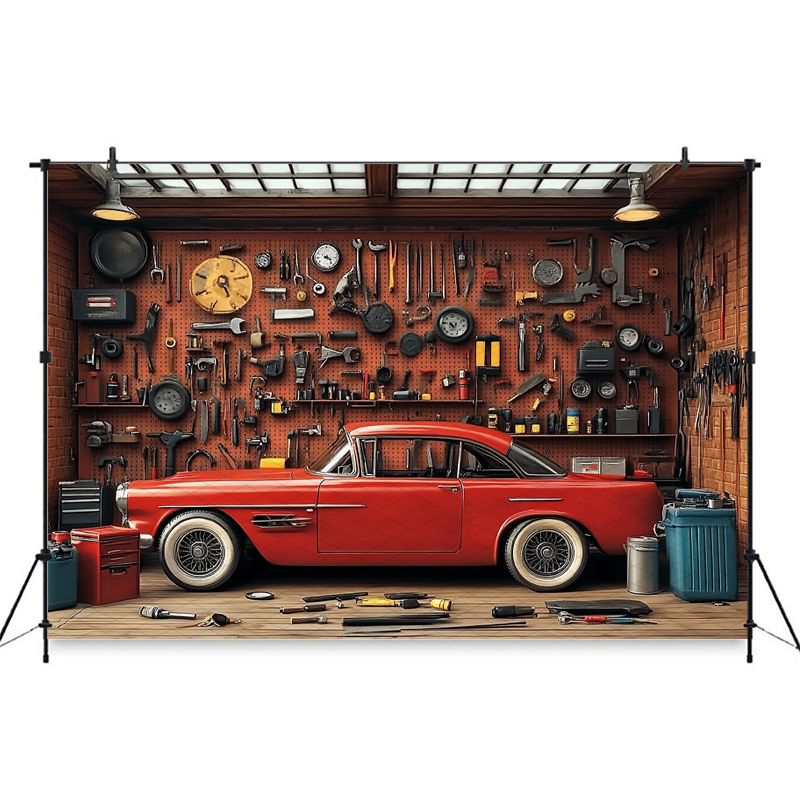 Mocsicka Red Classic Car Garag - Workshop Tools Background のレビューと価格
