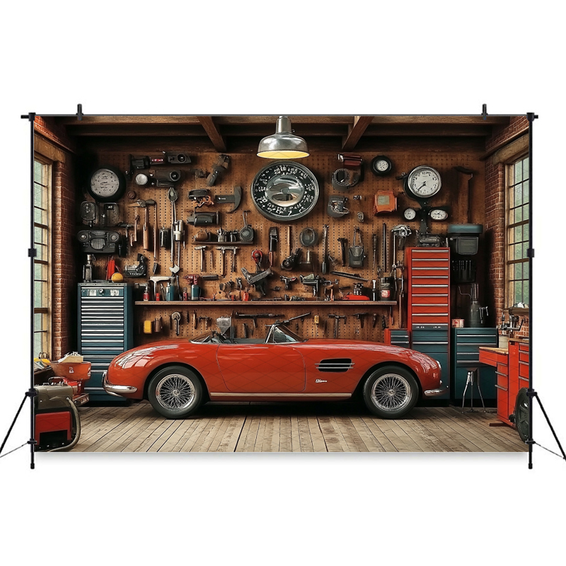 Mocsicka Red Classic Car Garag - Workshop Tools Background のレビューと価格